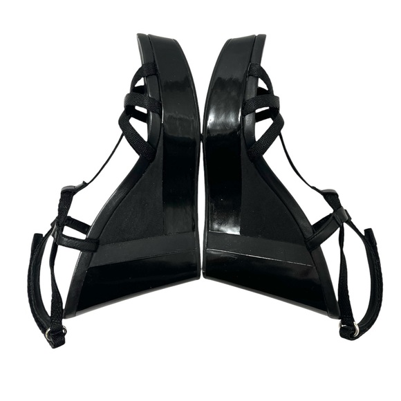 Prada Platform T Strap Wedge Heel Sandal Patent Leather Black EU 40 US 10 - Picture 4 of 15
